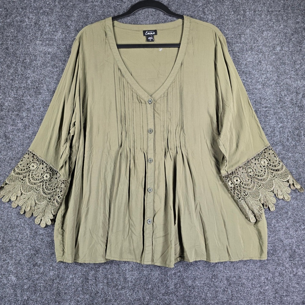 Simply Emma 2X Olive Green Crochet Lace Bell Sleeve Boho Button Front Blouse